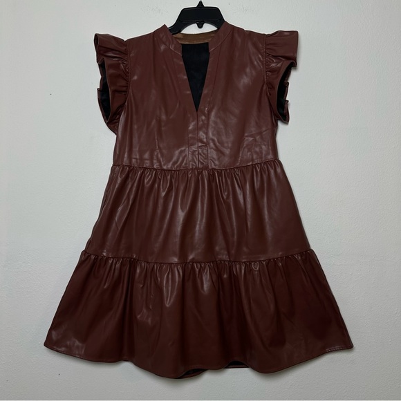 Entro Gliding Along Charlene Dress Chocolate Faux Leather Tiered Dress - Picture 2 of 16
